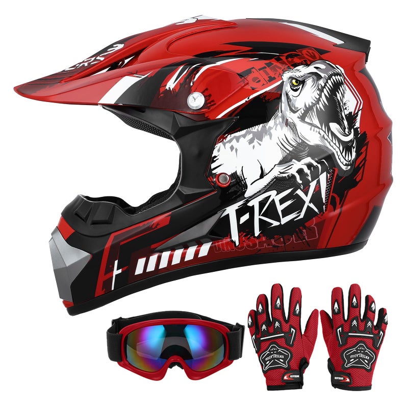 Oumurs DOT Youth Dirt Bike Helmet with Goggles & Gloves for 5-14 Years Old, Kid ATV Helmets for Youth Boys Girls, Four Wheeler Helmet, Motocross BMX MX UTV Offroad Street Go Kart Dirt Bike Dinosaur - Image 2