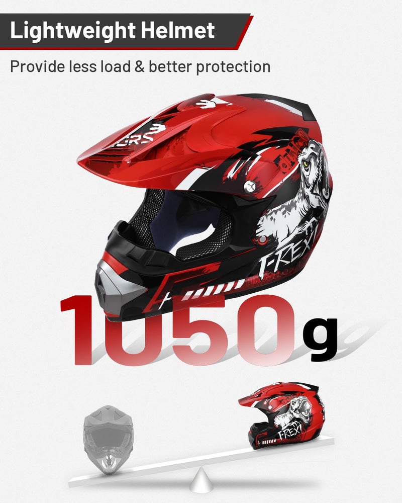Oumurs DOT Youth Dirt Bike Helmet with Goggles & Gloves for 5-14 Years Old, Kid ATV Helmets for Youth Boys Girls, Four Wheeler Helmet, Motocross BMX MX UTV Offroad Street Go Kart Dirt Bike Dinosaur - Image 4