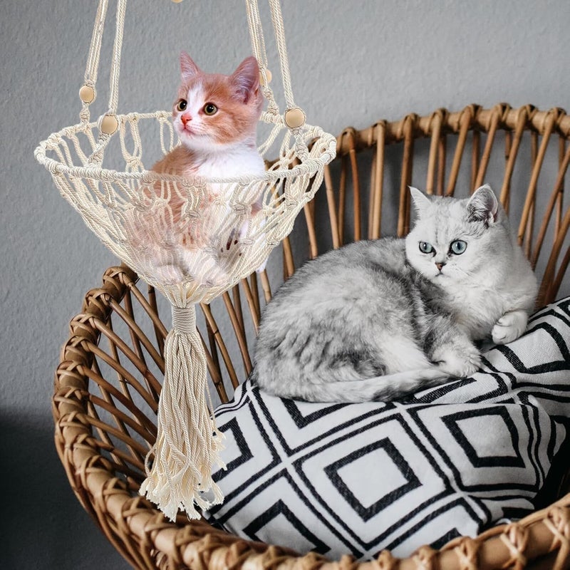 Decorative Hand-Woven Bohemian Cat Hammock Basket Bed, 30cm Hanging Pet Nest for Cats to 10 Lbs, Comfortable Indoor Swing for Relaxing and Playing - Image 4