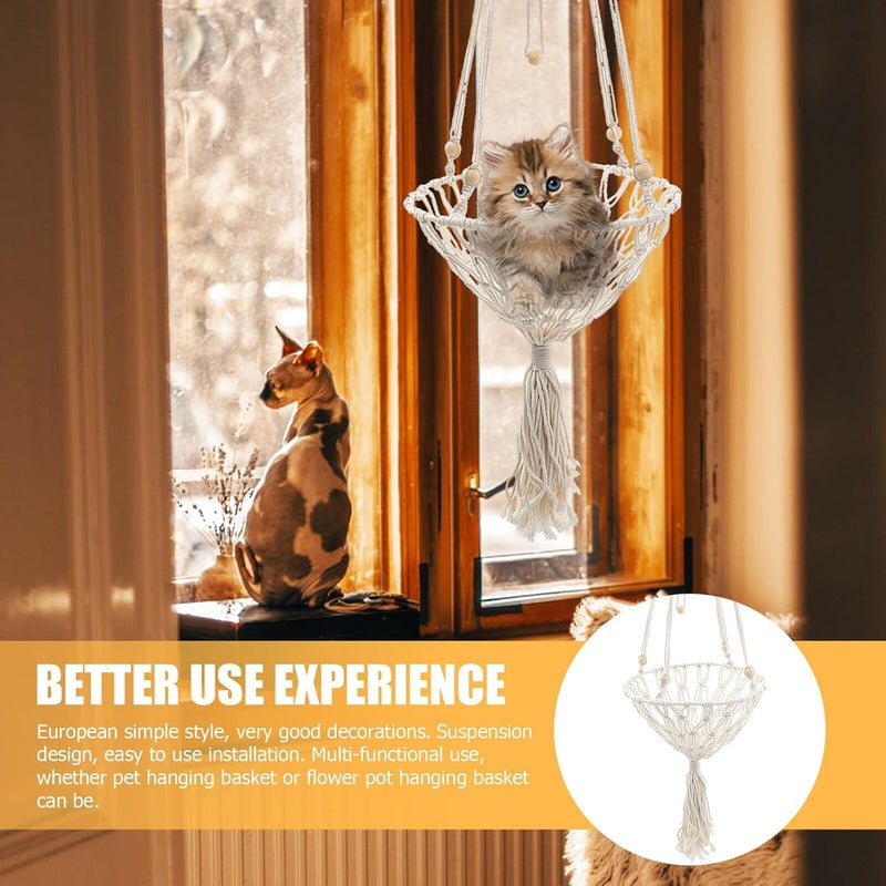 Decorative Hand-Woven Bohemian Cat Hammock Basket Bed, 30cm Hanging Pet Nest for Cats to 10 Lbs, Comfortable Indoor Swing for Relaxing and Playing - Image 3