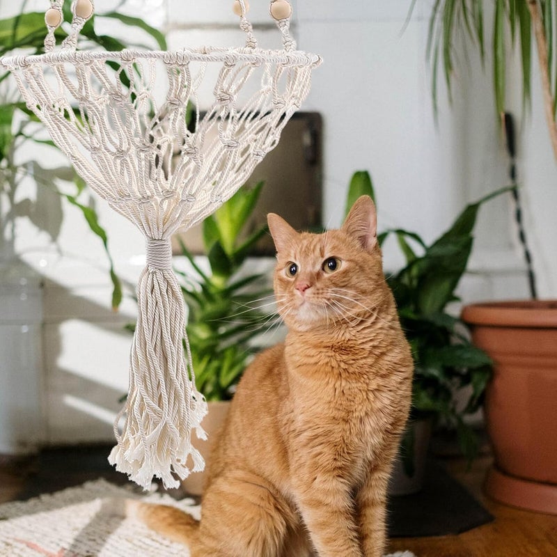 Decorative Hand-Woven Bohemian Cat Hammock Basket Bed, 30cm Hanging Pet Nest for Cats to 10 Lbs, Comfortable Indoor Swing for Relaxing and Playing - Image 5