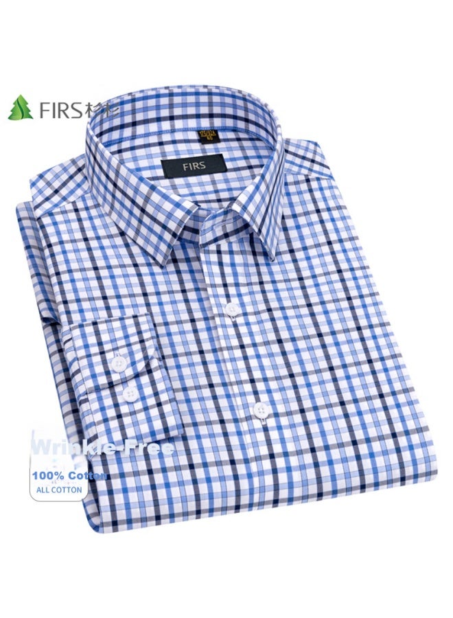Firs (Firs) Non-Iron Long Sleeve Shirt Men'S Business Casual Pure Cotton Shirt A1-T882 Long Sleeve Blue Check 44 - Image 1