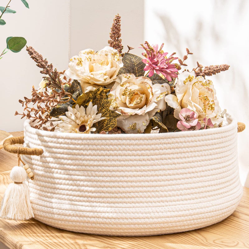 Kakamay Woven Baskets For Storage(16 ""X8 "") Blanket Basket For Organizing Living Room Cotton Rope Basket Woven Baby Laundry Hamper Collapsible Laundry Room Organization Clothes Toy Chest(White) - Image 1