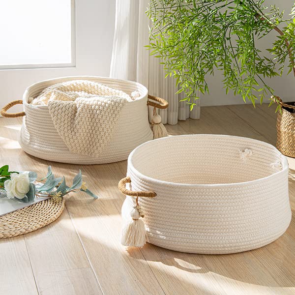 Kakamay Woven Baskets For Storage(16 ""X8 "") Blanket Basket For Organizing Living Room Cotton Rope Basket Woven Baby Laundry Hamper Collapsible Laundry Room Organization Clothes Toy Chest(White) - Image 5