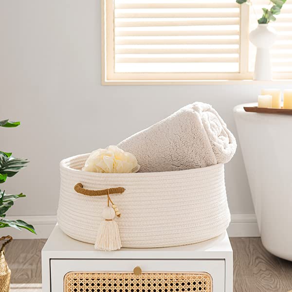 Kakamay Woven Baskets For Storage(16 ""X8 "") Blanket Basket For Organizing Living Room Cotton Rope Basket Woven Baby Laundry Hamper Collapsible Laundry Room Organization Clothes Toy Chest(White) - Image 3