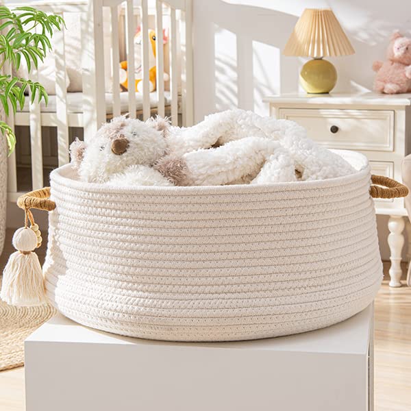 Kakamay Woven Baskets For Storage(16 ""X8 "") Blanket Basket For Organizing Living Room Cotton Rope Basket Woven Baby Laundry Hamper Collapsible Laundry Room Organization Clothes Toy Chest(White) - Image 4