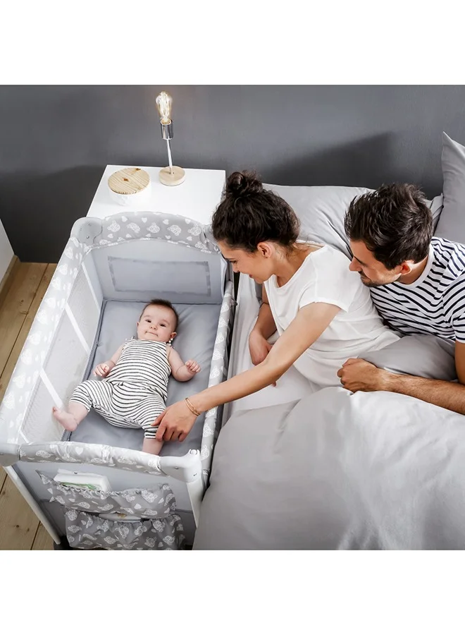 hauck Bedside Crib Sleep N Care Plus, Co - Sleeper For New Born Babys From Birth Up To 9 Kg, Lowerable Side Part, Wheels, Toy Pockets, Storage Compartment, Foldable, Transport Bag, Teddy Grey