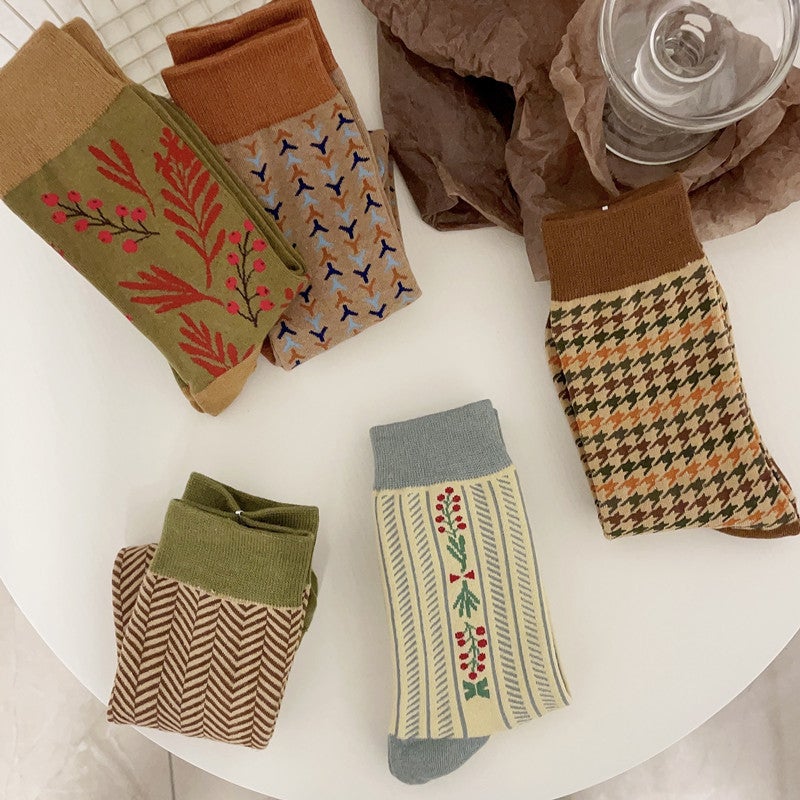 Style Combed Cotton Thick Socks Women'S Japanese Style Retro Style Houndstooth Small Flower Fashionable Mid-Tube Cotton Socks - Image 2