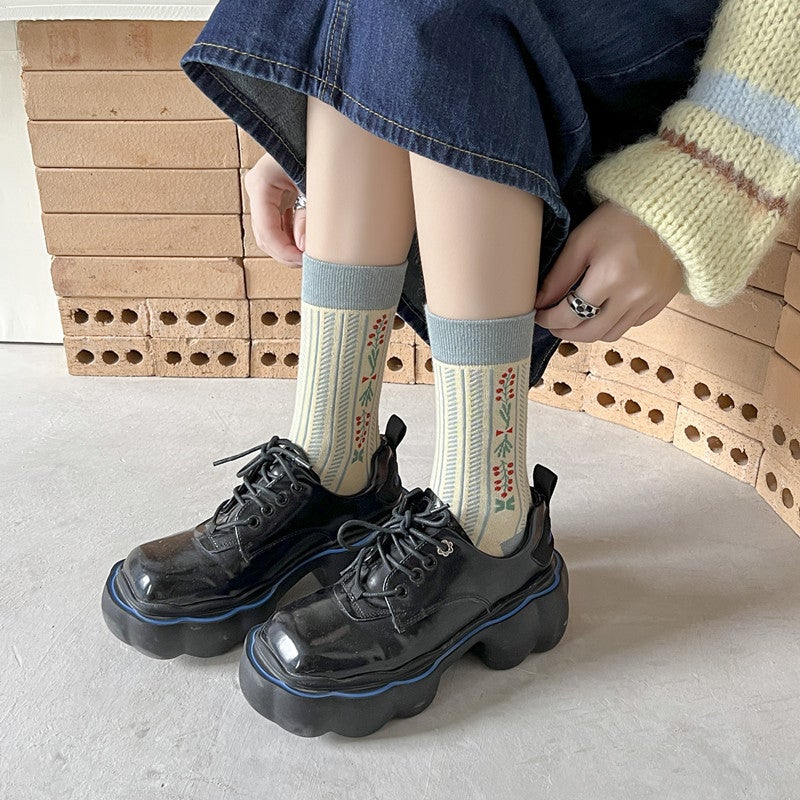 Style Combed Cotton Thick Socks Women'S Japanese Style Retro Style Houndstooth Small Flower Fashionable Mid-Tube Cotton Socks - Image 5