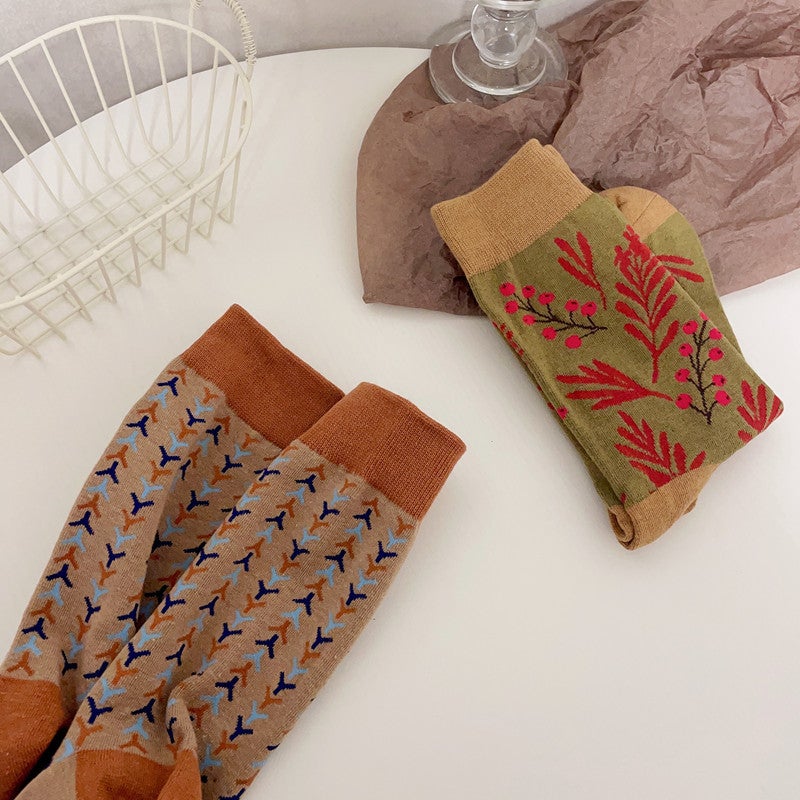 Style Combed Cotton Thick Socks Women'S Japanese Style Retro Style Houndstooth Small Flower Fashionable Mid-Tube Cotton Socks - Image 4