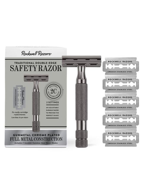 2C Gunmetal Chrome Double Edge Safety Razor With Adjustable Shave Settings and 5 Fully Recyclable Razor Blades. Reusable Safety Razors for Men and Women