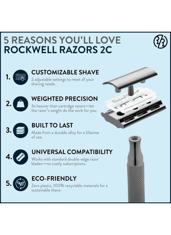 2C Gunmetal Chrome Double Edge Safety Razor With Adjustable Shave Settings and 5 Fully Recyclable Razor Blades. Reusable Safety Razors for Men and Women