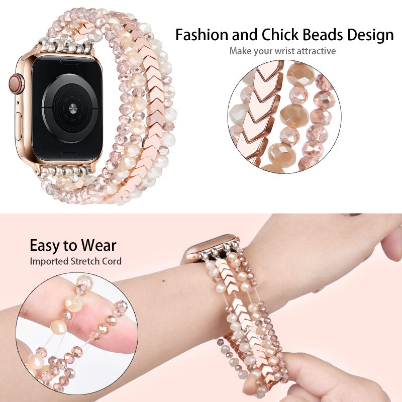MOFREE Beaded Bracelet Compatible with Apple Watch Band 38mm/40mm/41mm/42mm, Fashion Elastic Stretch Women Bands for iWatch Series 11/10/9/8/7/SE/6/5/4/3/2/1 iPhone Watch Strap Bands Rose Gold - Image 3