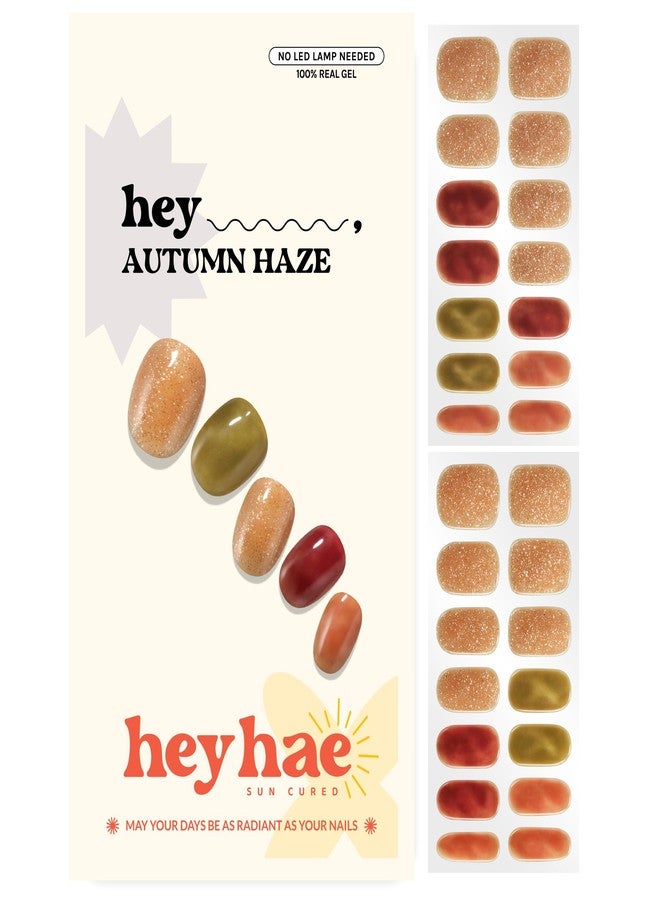 Heyhae Semi Cured Gel Nail Strips | No LED Lamp Needed | Fall, Glitter, Marble | Easy Apply & Remove, Salon Quality | Includes 28 Strips, 1 Prep Pads, Nail File & Wooden stick - Hey, Autumn Haze - Image 1