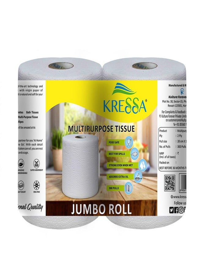 Kressa Jumbo Multipurpose Paper Tissue Roll | Kitchen Roll 2 Rolls Total 600 Sheets 2 Ply 100% Natural Virgin Pulp - Image 1