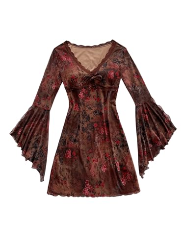 WDIRARA Women's Vintage Floral Print V Neck Dress Mesh Split Ruffle Long Bell Sleeve Dresses Red Medium - Image 1