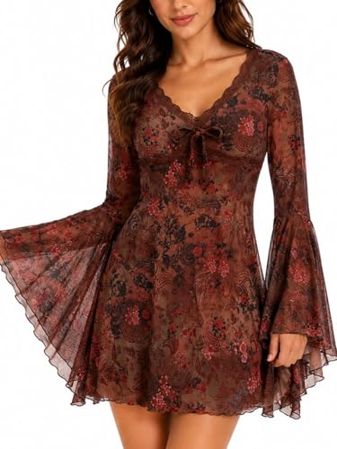WDIRARA Women's Vintage Floral Print V Neck Dress Mesh Split Ruffle Long Bell Sleeve Dresses Red Medium - Image 2