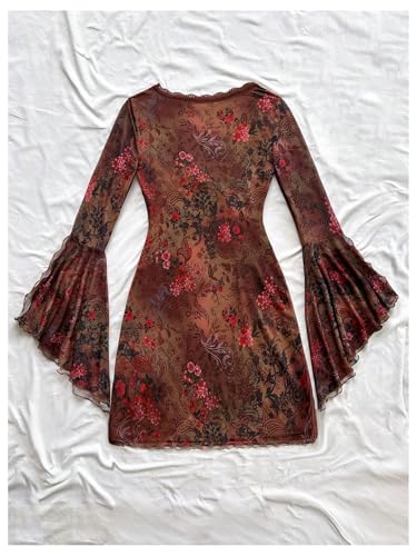 WDIRARA Women's Vintage Floral Print V Neck Dress Mesh Split Ruffle Long Bell Sleeve Dresses Red Medium - Image 3