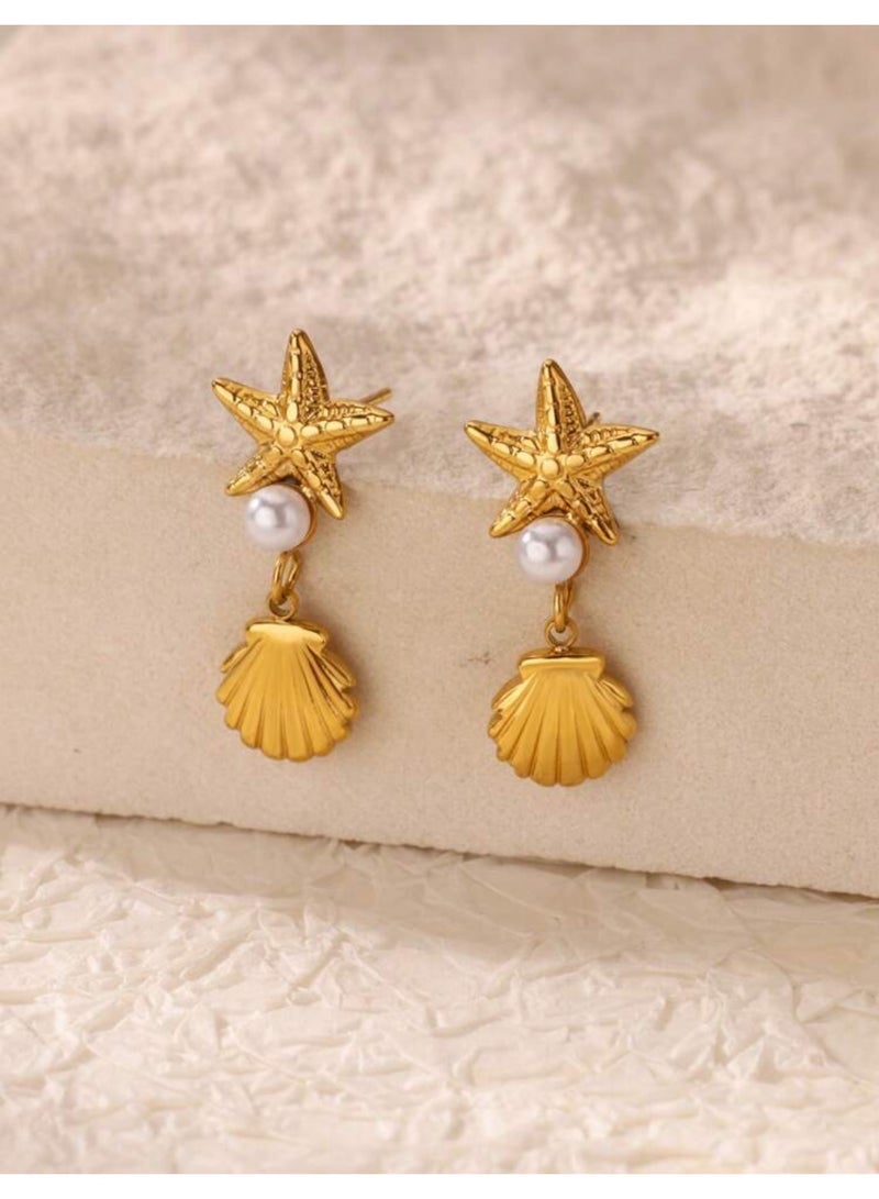 Dangle Charms Elegant & High Quality Stainless Steel Gold Plated Earrings For Women - Image 4