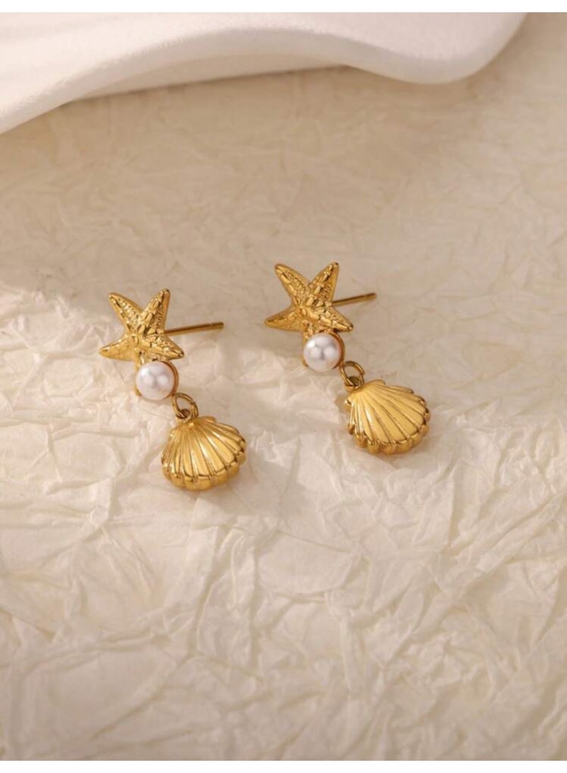 Dangle Charms Elegant & High Quality Stainless Steel Gold Plated Earrings For Women - Image 5