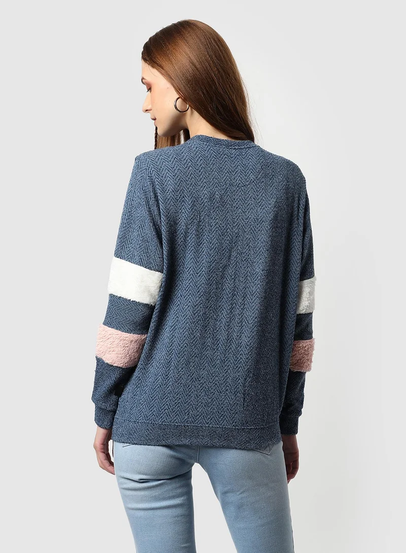 Campus Sutra Women's Prussian Blue Self-Design Herringbone Jacket | كم طويل | ألوان متداخلة | كاجوال | ياقة صينية (ماندرين) | جاكيت