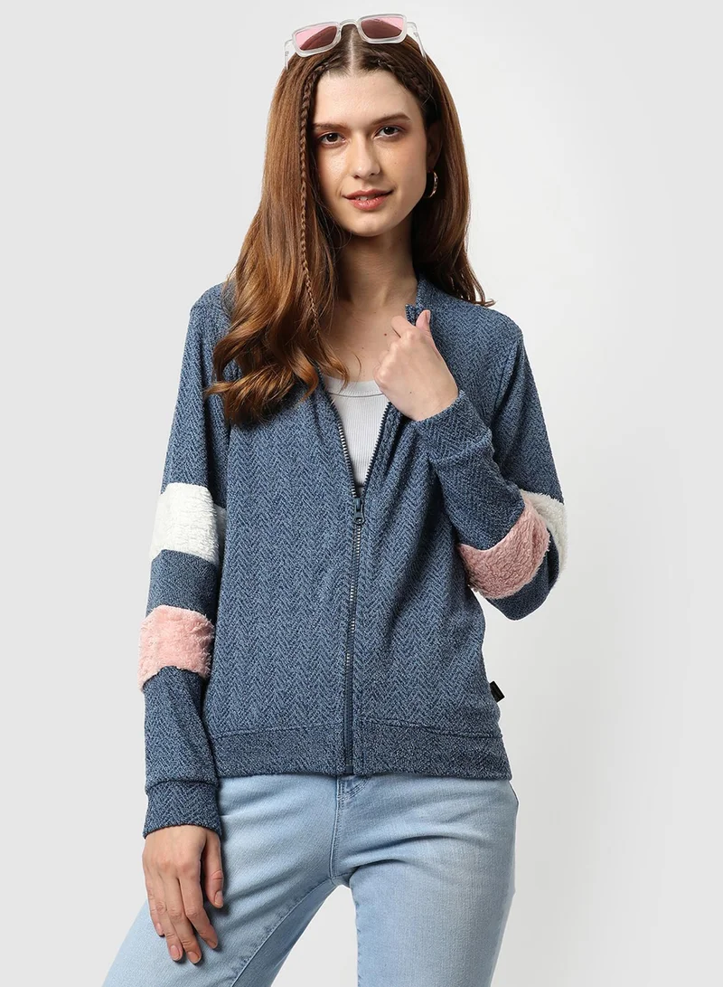 Campus Sutra Women's Prussian Blue Self-Design Herringbone Jacket | كم طويل | ألوان متداخلة | كاجوال | ياقة صينية (ماندرين) | جاكيت