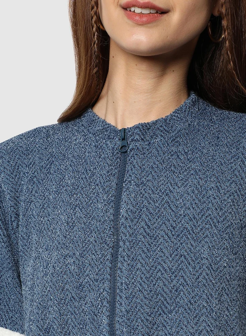 Campus Sutra Women's Prussian Blue Self-Design Herringbone Jacket | كم طويل | ألوان متداخلة | كاجوال | ياقة صينية (ماندرين) | جاكيت