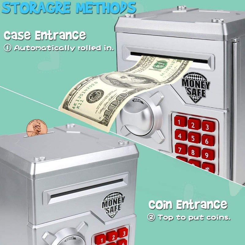 Yoego Kids Money Bank, Electronic Piggy Banks, Great Gift Toy for Kids Children, Auto Scroll Paper Money Saving Box Password Coin Bank,Perfect Toy Gifts for Boys Girls (Silver) - Image 2