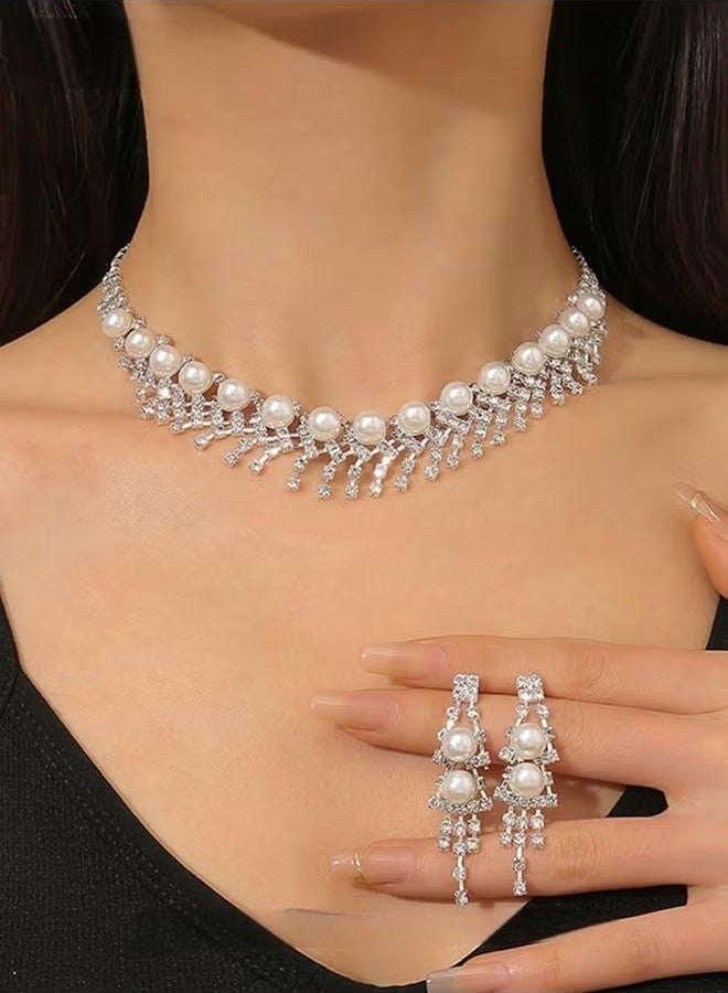 2 Piece Jewelry Set of Necklace and Earrings Shiny Pearl Diamond Chic Rhinestone Decor Jewellery Set for Women Ladies Gift for Girlfriend Wife Mother Bridesmaids Wedding Party Accessories  - Image 2