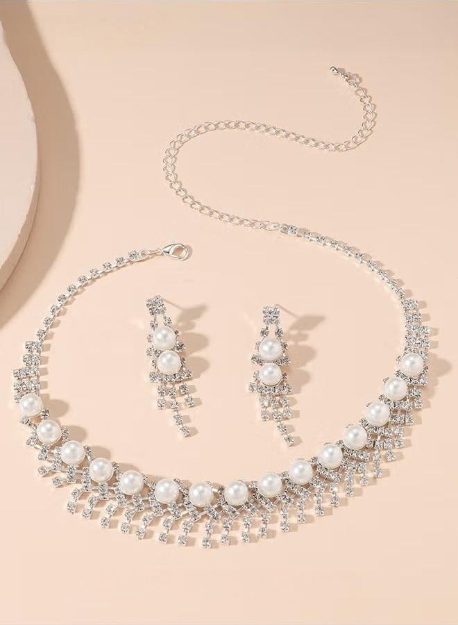 2 Piece Jewelry Set of Necklace and Earrings Shiny Pearl Diamond Chic Rhinestone Decor Jewellery Set for Women Ladies Gift for Girlfriend Wife Mother Bridesmaids Wedding Party Accessories  - Image 3