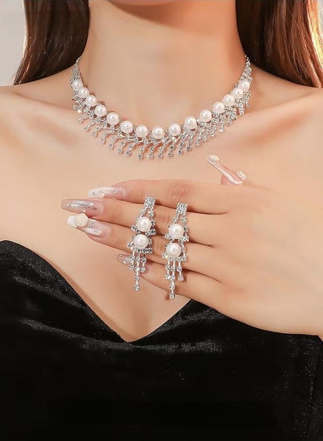 2 Piece Jewelry Set of Necklace and Earrings Shiny Pearl Diamond Chic Rhinestone Decor Jewellery Set for Women Ladies Gift for Girlfriend Wife Mother Bridesmaids Wedding Party Accessories  - Image 1