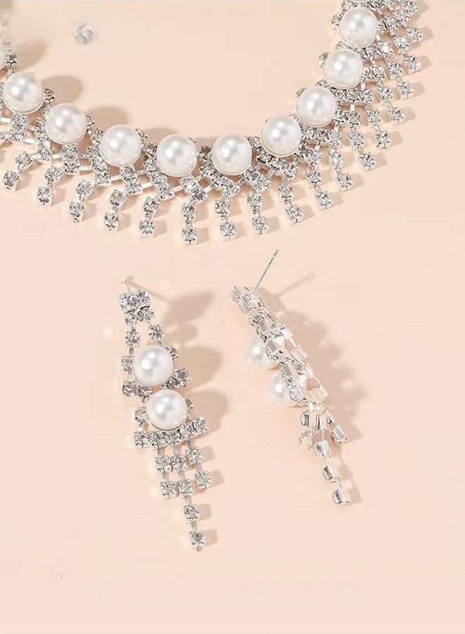 2 Piece Jewelry Set of Necklace and Earrings Shiny Pearl Diamond Chic Rhinestone Decor Jewellery Set for Women Ladies Gift for Girlfriend Wife Mother Bridesmaids Wedding Party Accessories  - Image 4