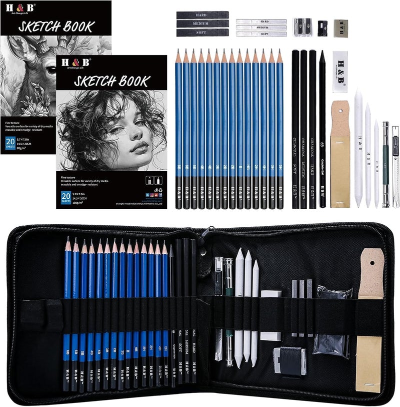 HB H & B 36 Pack Drawing Set Sketch Kit,Sketching Supplies with 2 sketch pad, Graphite Pencils, Charcoal Sticks, Eraser, Pro Art Drawing Kit for Artists Beginner Adults, Ideal for Shading, Blending - Image 1