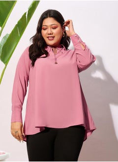 SASSAFRAS Plus Solid Tie-Up Neck Top with Long Sleeve by Styli  - Image 1