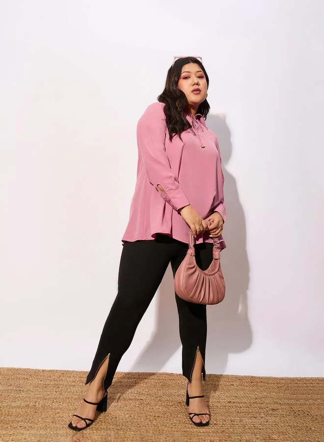 SASSAFRAS Plus Solid Tie-Up Neck Top with Long Sleeve by Styli