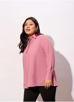 SASSAFRAS Plus Solid Tie-Up Neck Top with Long Sleeve by Styli  - Image 3