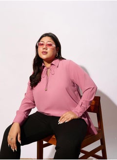 SASSAFRAS Plus Solid Tie-Up Neck Top with Long Sleeve by Styli  - Image 2