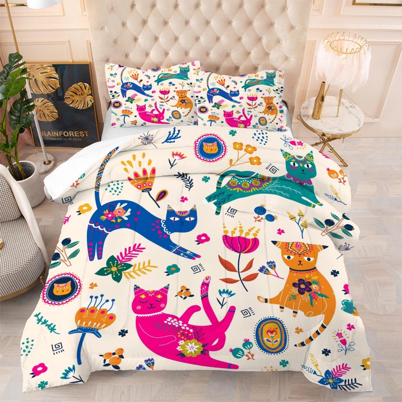 EDGZKO Cat Comforter Set Twin: Cute Floral Cats Twin Bedding Sets for Girls Kids Teens Toddler Cartoon Flowers Kawaii Animals Print Quilt Duvet Bed Set with 1 Comforter & 1 Pillowcase - Image 1