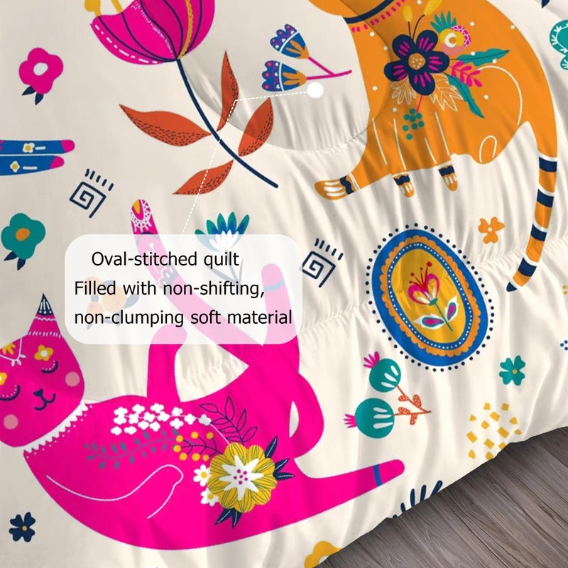 EDGZKO Cat Comforter Set Twin: Cute Floral Cats Twin Bedding Sets for Girls Kids Teens Toddler Cartoon Flowers Kawaii Animals Print Quilt Duvet Bed Set with 1 Comforter & 1 Pillowcase - Image 5