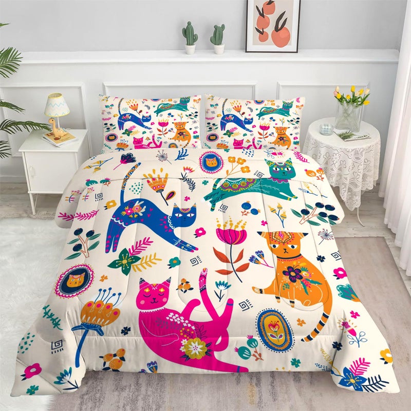 EDGZKO Cat Comforter Set Twin: Cute Floral Cats Twin Bedding Sets for Girls Kids Teens Toddler Cartoon Flowers Kawaii Animals Print Quilt Duvet Bed Set with 1 Comforter & 1 Pillowcase - Image 3
