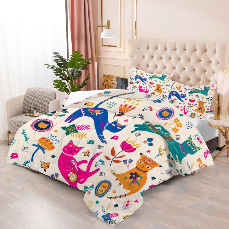 EDGZKO Cat Comforter Set Twin: Cute Floral Cats Twin Bedding Sets for Girls Kids Teens Toddler Cartoon Flowers Kawaii Animals Print Quilt Duvet Bed Set with 1 Comforter & 1 Pillowcase - Image 2