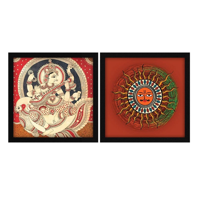 ArtX Paper Sun Surya Saraswati Ji Madhubani Wall Art Painting Photo Frame Multicolor 13X13 in each Set of 2