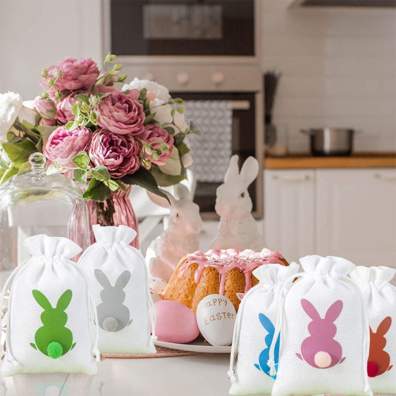 HIPIHOM 24pcs Easter Burlap Bags, Bunny Jute Gift Bags with Drawstring for Candy, Birthday, Wedding Party Favors, Decoration Supplies, 3.9x5.9IN (White) - Image 2