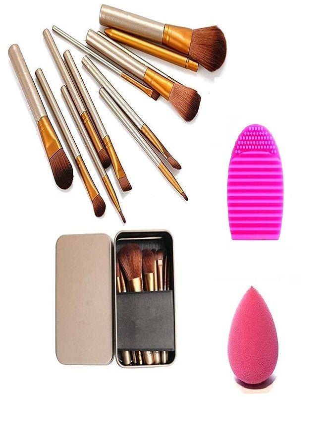Lele? Makeup Brushes Kit Set of 12 with A Silver Storage Box and one sponge puff and one brush cleaner egg shape - Image 1