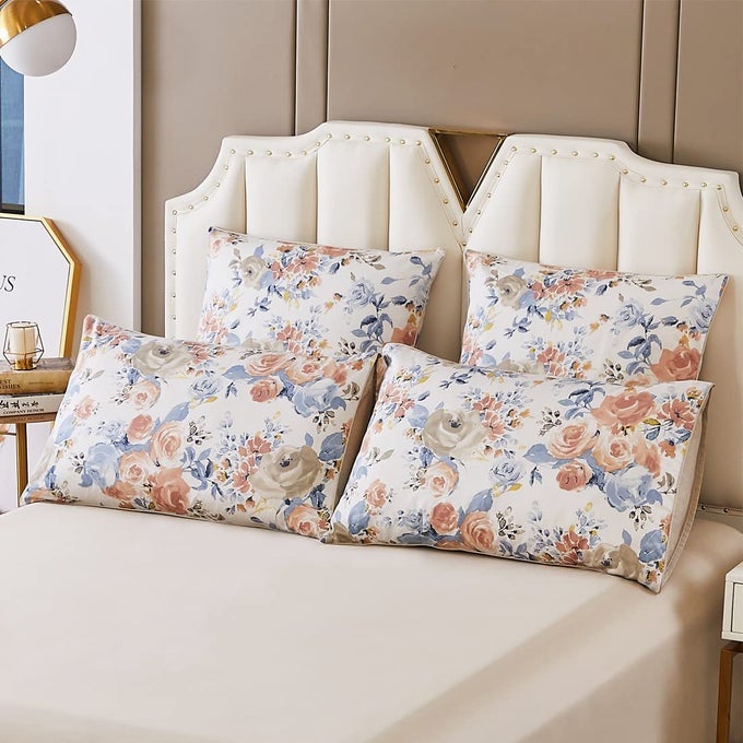 100 COTTON PILLOWCASES SET OF 2 QUEEN NATURAL BEAUTY ARTWORK GARDEN FLORAL PRINTED PILLOW CASES ORANGE BLUE ROSE PRINT PILLOW COVER QUEEN 20X30 PEONY