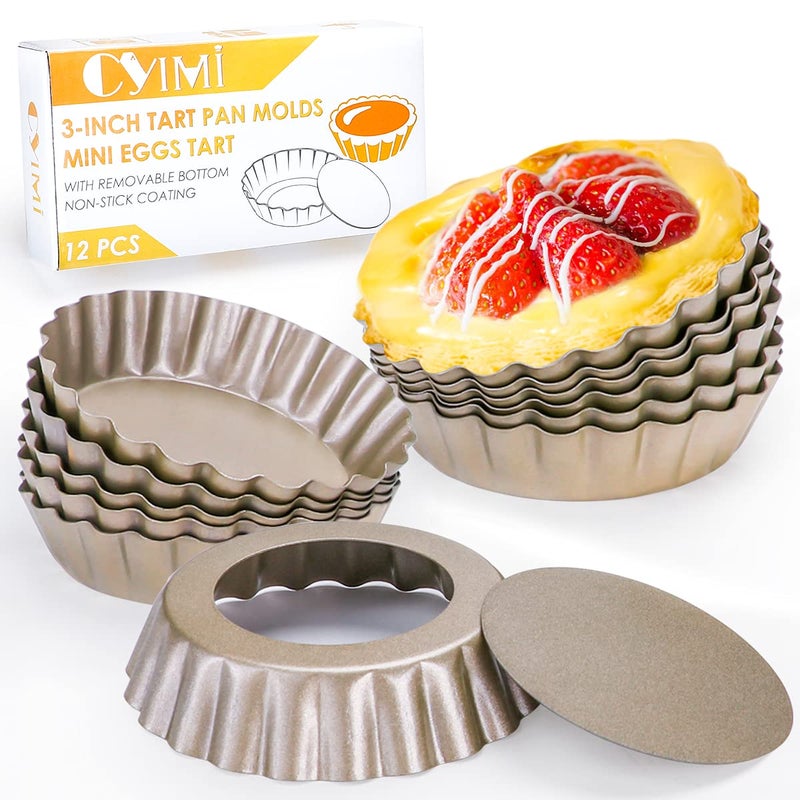 Cyimi 12 pcs Egg Tart Molds 3 Mini Tart Pans Removable BottomCupcake Cake Muffin Mold Tin Pan Baking Mini NonStick Pan Reusable Quiche Bakeware Carbon Steel for Pies Cheese Desserts Gold