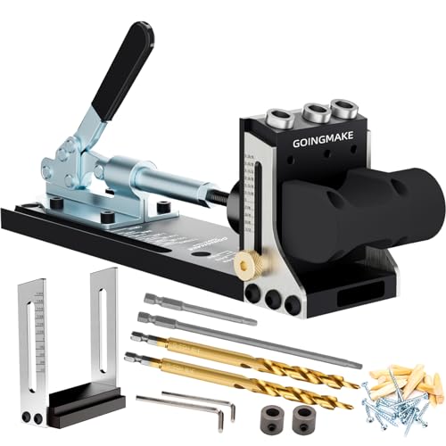 GOINGMAKE All Metal Pocket Hole Jig Kit with Quick Clamp and Dust Collection Easy Use 3 Holes Pocket Hole Screw Jig System 3/8 Inch Accurate Adjustable Drill Guide with Accessories Woodworking Tool - Image 1