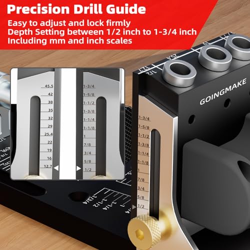 GOINGMAKE All Metal Pocket Hole Jig Kit with Quick Clamp and Dust Collection Easy Use 3 Holes Pocket Hole Screw Jig System 3/8 Inch Accurate Adjustable Drill Guide with Accessories Woodworking Tool - Image 2