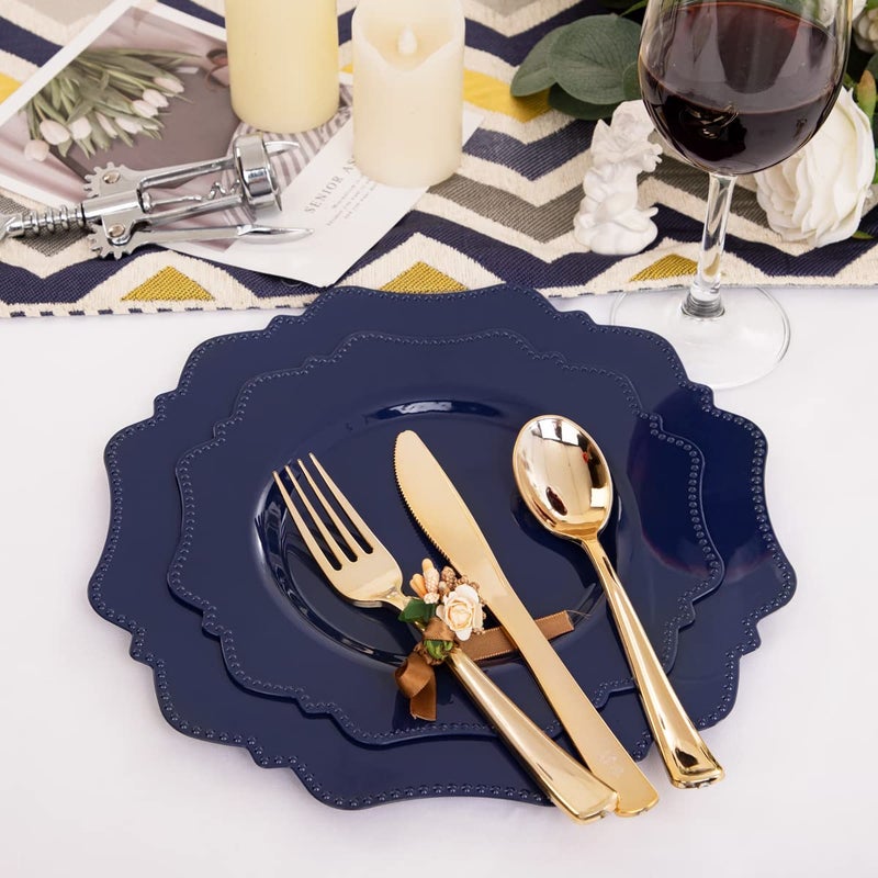 COLOSUS Navy Blue Disposable Plastic Party Plates Set Include 60pcs (30 guest) Dinner plate and Dessert Plate Heavy weight Party Dinnerware Plates - Image 2