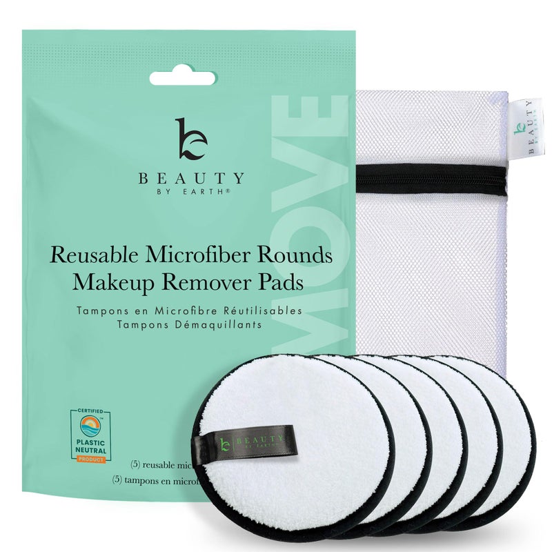 Beauty by Earth Reusable Makeup Remover Pads - 5 Large Premium Quality Microfiber Cloths for Makeup Removal, Ultra Soft & Durable, Gentle Cleansing Rounds for Face for All Skin Types, Includes Washable Bag